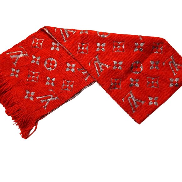 LOUIS VUITTON LV Classic Vintage Red & Metallic Silver Monogram Scarf VWT - Picture 1 of 14